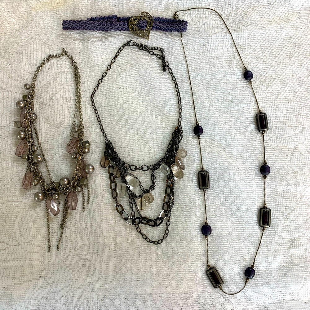 Necklace bundle Purple tones, black and silver 3beaded necklaces 1 purple choker